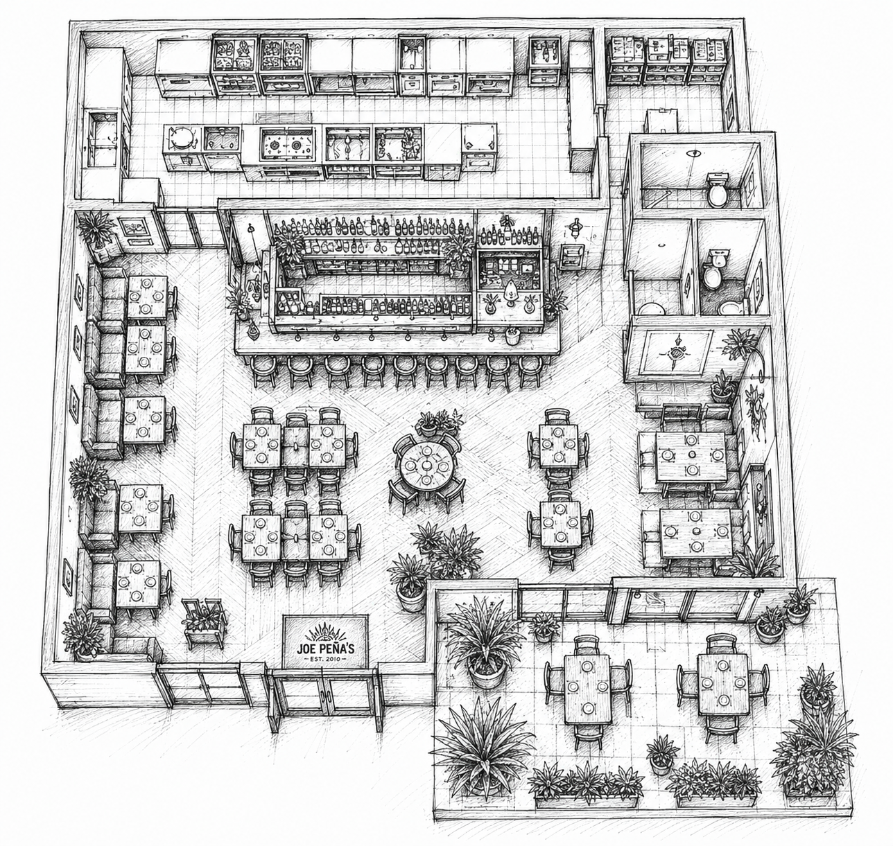 Isometrische Grundriss-Skizze eines Joe Peña's: Küche, Bar mit Barhockern, Gastraum mit Tischen, Sanitärbereich und begrünte Terrasse